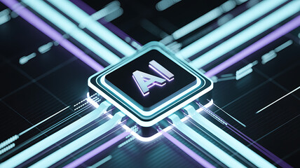 Futuristic AI processor glowing at the center of a digital cyber circuit with neon data lines and advanced network pathways showcasing modern artificial intelligence technology and innovation