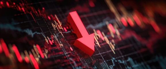 A red arrow pointing down superimposed on a data chart with falling price trends and negative numbers