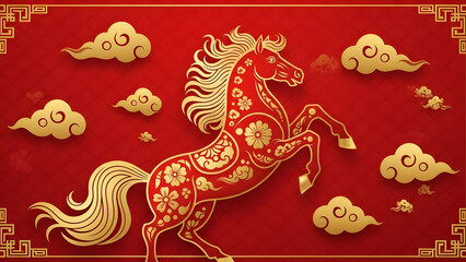 Chinese zodiac horse symbol on red background with golden clouds and ornate border, festive lunar new year illustration
