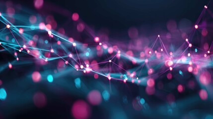 Abstract digital network of connecting nodes, vibrant in shades of pink and blue