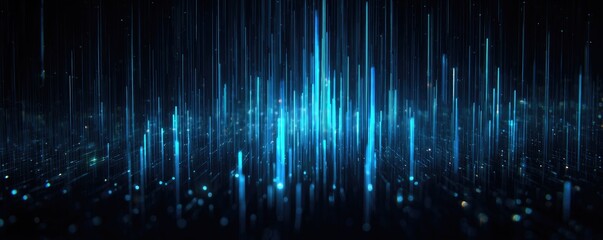 Abstract blue light pillars ascend from a dark surface with bokeh. Digital data or energy