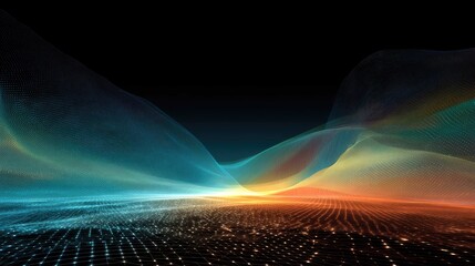 Abstract digital landscape with undulating, glowing lines and a dot-matrix field