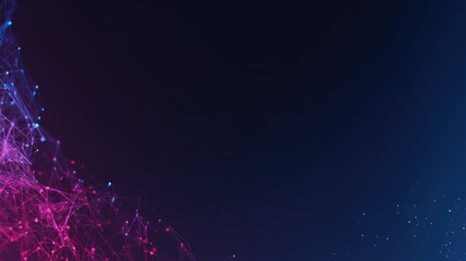 Abstract digital network of connecting nodes, vibrant pink and blue against deep blue