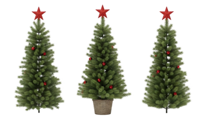 Three realistic artificial christmas trees with red stars isolated on transparent background