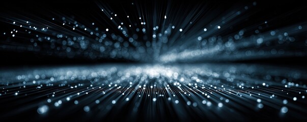 Abstract blue and white light particles emanating from a reflective surface, resembling data streams