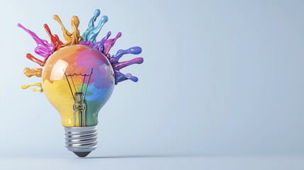 Vibrant lightbulb with colorful paint splashes represents creativity and innovation, showcasing artistic expression