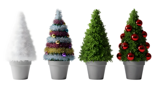Four christmas trees in different styles and colors isolated on transparent background - Powered by Adobe