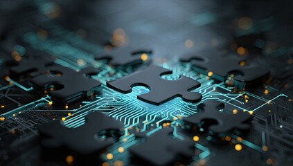 Puzzle pieces floating above a circuit board, representing technology and connection