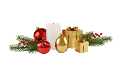 Festive christmas candles and ornaments arrangement isolated on transparent background
