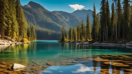Emerald Mountain Lake with Sunlit Pines and Crystal-Clear Water &mdash; Scenic Wilderness Landscape.
