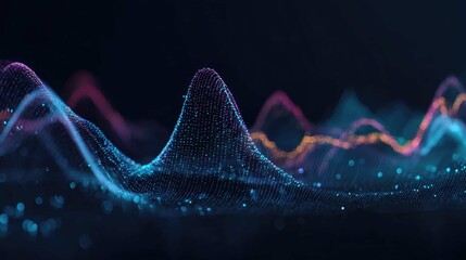 Abstract digital waves, with peaks and valleys, glowing with color on dark backdrop