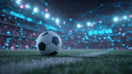 Soccer ball on stadium grass, with light network visualization and crowd in the background