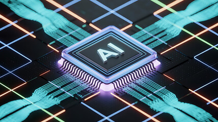 Futuristic AI microchip glowing at the center of a digital circuit grid with neon data lines and advanced cyber pathways showcasing artificial intelligence technology and modern innovation