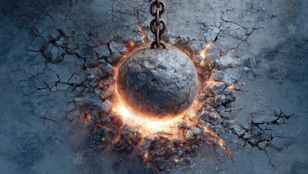 Heavy metal wrecking ball smashes through a crumbling wall, creating a fiery impact