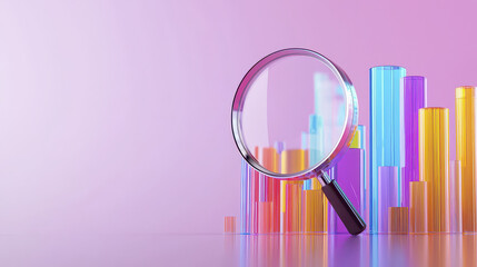 Financial analysis concept featuring magnifying glass over colorful bar graphs, symbolizing data examination and insights