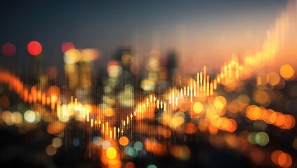 Blurry cityscape with overlaid financial graph depicting upward trend against sunset