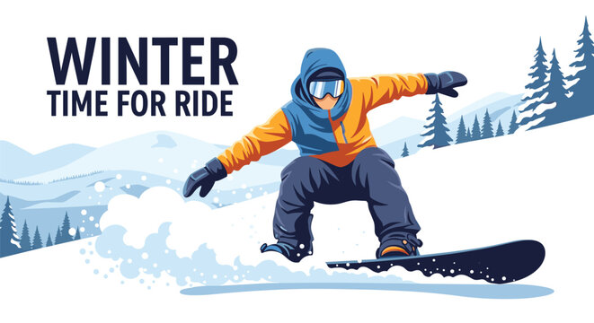 Dynamic illustration of a snowboarder in action, jumping and riding down a snowy mountain slope during the winter season.