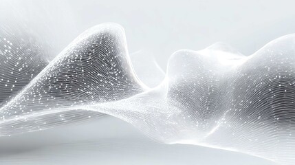 Abstract, ethereal white wave form with shimmering particles on a light gray background