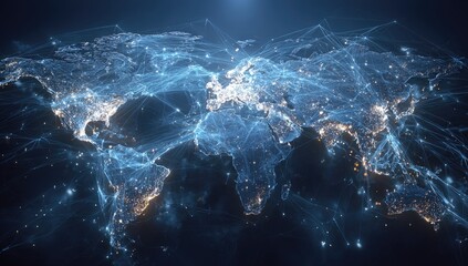 Glowing digital world map with illuminated cities and interconnected network lines