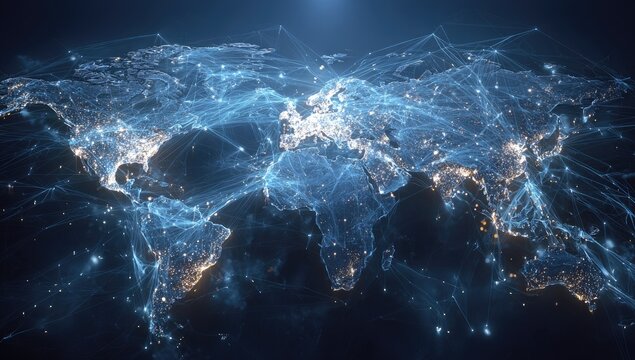 Glowing digital world map with illuminated cities and interconnected network lines - Powered by Adobe