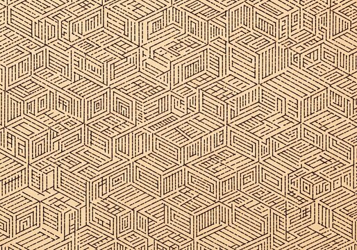 Abstract geometric pyrography pattern with isometric cubes and lines on wood background