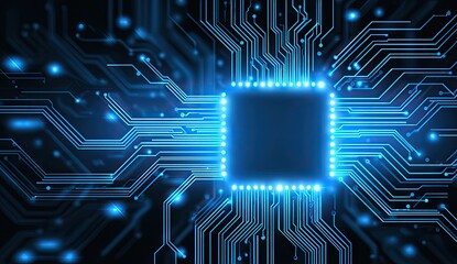 Illuminated blue microchip with circuit board lines, showcasing digital processing, and data flow