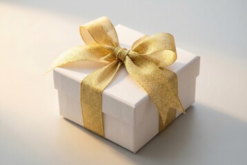 White matte gift box with gold ribbon in soft morning light