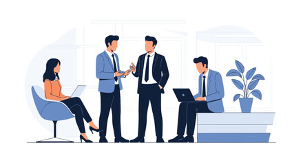 Obraz premium Group of diverse business people collaborating in a modern office, having a discussion and working on laptops during a team meeting.