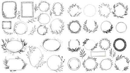Elegant botanical wreaths and floral frames drawn in delicate sketch style. Perfect for invitations, wedding stationery, branding, logos, decorative borders, and nature inspired designs.