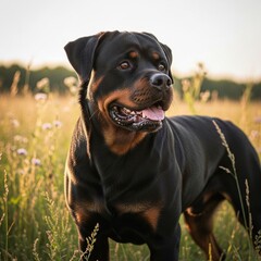 Fototapeta premium Strong black rottweiler dog standing in grass field during summer sunset looking away