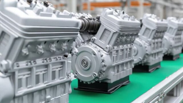 Industrial Engine Assembly Line with Multiple Engine Blocks in a Factory Environment for Automotive Manufacturing 4k video footage
