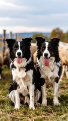 Two Border Collies sitting in a field with sheep in the background