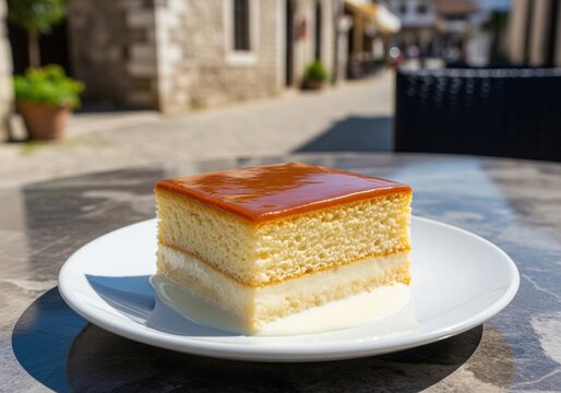 Trilece milk cake dessert with caramel topping on white plate in sunny outdoor street cafe
