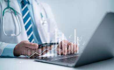 Doctor analyzing digital healthcare analytics on a laptop represents data driven medical insights clinical performance metrics modern health technology and efficient healthcare management