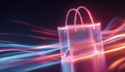 Glowing ethereal shopping bag, with neon lines, against a dark, dynamic background