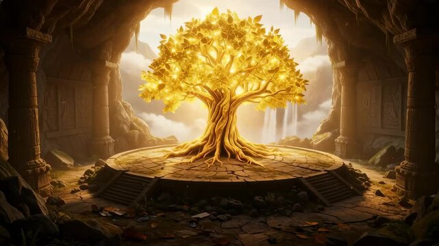 An ancient sacred tree grows within mystic temple ruins, radiating timeless spirituality, mystery, and nature&rsquo;s divine reclaiming power.