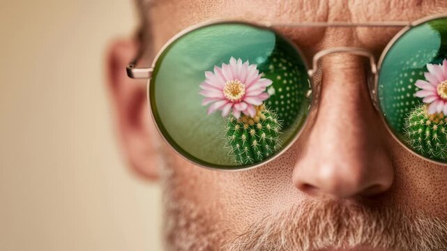 Man wears round sunglasses with green lenses reflecting a pink cactus flower in sharp detail. Closeup portrait shows textured beard and neutral beige background with generous copyspace available for t