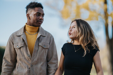 Fototapeta premium Two young adults share a moment while strolling in a park during fall. The man wears a beige jacket and mustard turtleneck; the woman wears a black top, creating a stylish, friendly atmosphere.