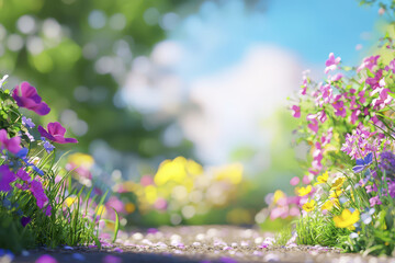 Tranquil garden blooming with vibrant flowers, lush greenery, and serene pathway invites peaceful reflection