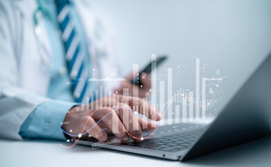 Doctor working on a laptop with layered digital health analytics symbolizes data driven medical insights clinical performance tracking modern healthcare technology and advanced health management