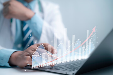 Doctor analyzing rising digital health data on a laptop represents medical insights performance growth clinical analytics modern healthcare technology and advanced data driven health management