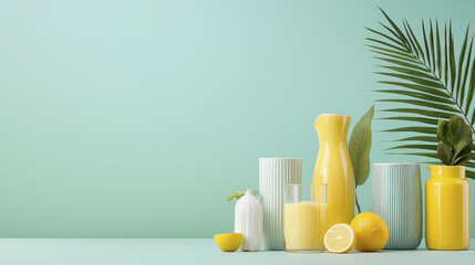 Bright yellow vases and fresh lemons create vibrant and refreshing atmosphere, complemented by green leaves and light