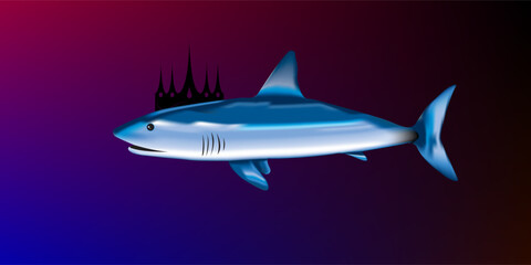 Large shark swimming in a blue ocean.