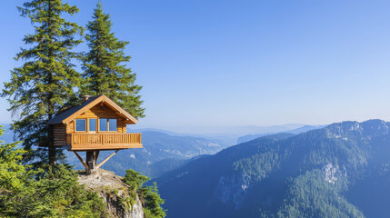 Stunning treehouse architecture perched on cliff, surrounded by lush green trees and breathtaking mountain views