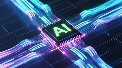 Futuristic AI processor glowing with neon energy streams on a digital circuit grid representing advanced artificial intelligence technology data flow cyber innovation and modern computing design
