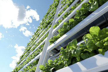 Vertical farm skyscraper showcasing lush green plants against bright blue sky, symbolizing sustainable agriculture