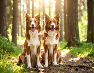 Two border collies sitting on a forest path
