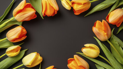 Vibrant tulips in shades of orange and yellow arranged in circular frame on dark background create cheerful spring atmosphere