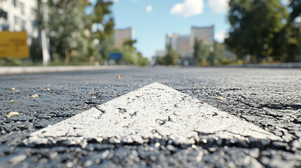 Vibrant white arrow textured asphalt road leads way, surrounded by greenery and urban buildings, evoking sense of direction