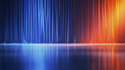Vibrant theater stage design with blue and orange curtains creating dramatic atmosphere, perfect for performances
